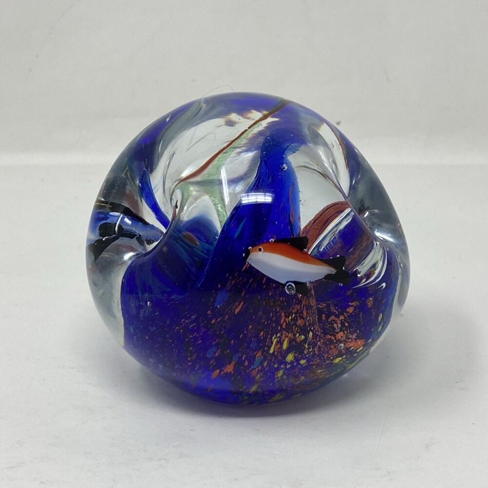 Vtg Art Glass Aquarium Paperweight Blue Coral Multi Color Fish Dimple Details